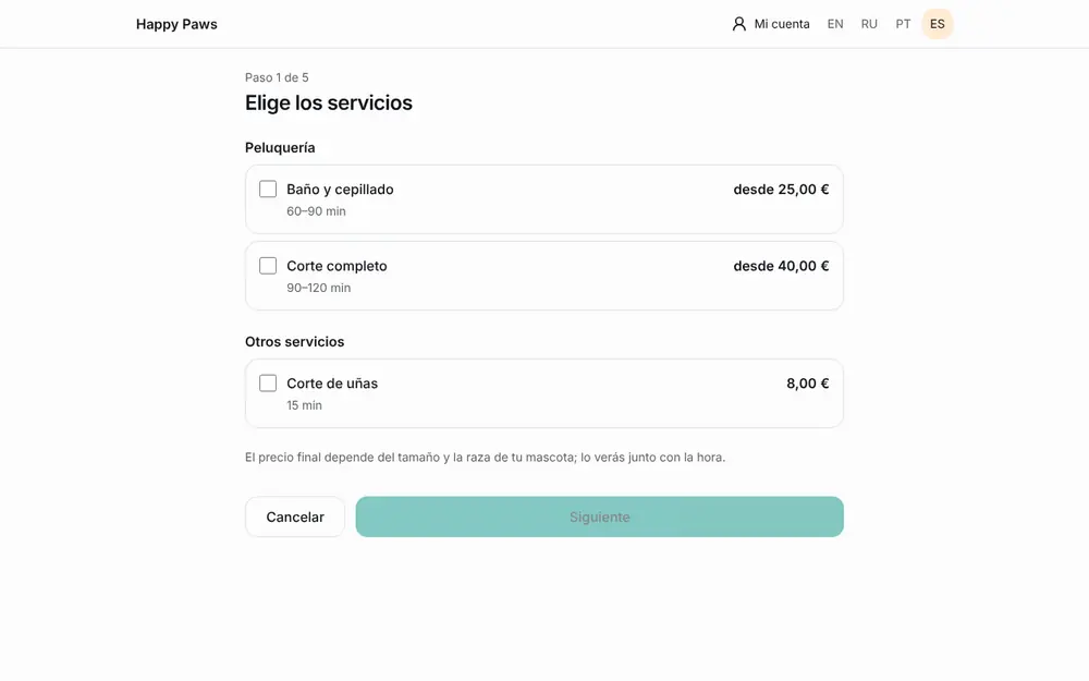 Web del salón: reserva online, elección del servicio