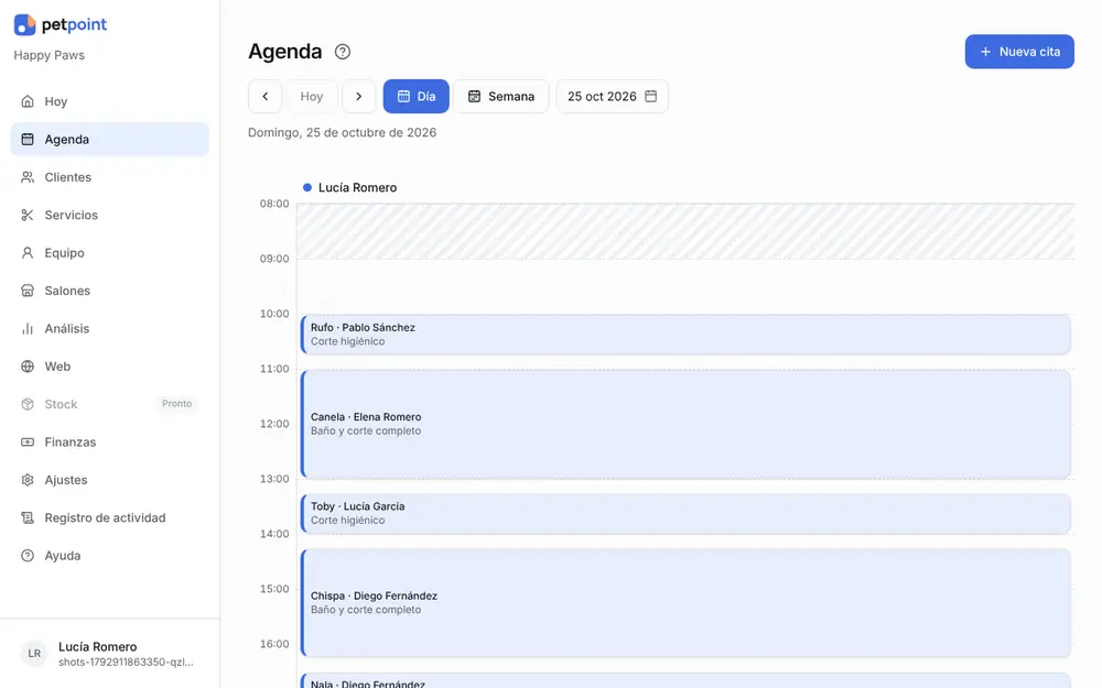Agenda, vista del día: citas de peluquería por hora