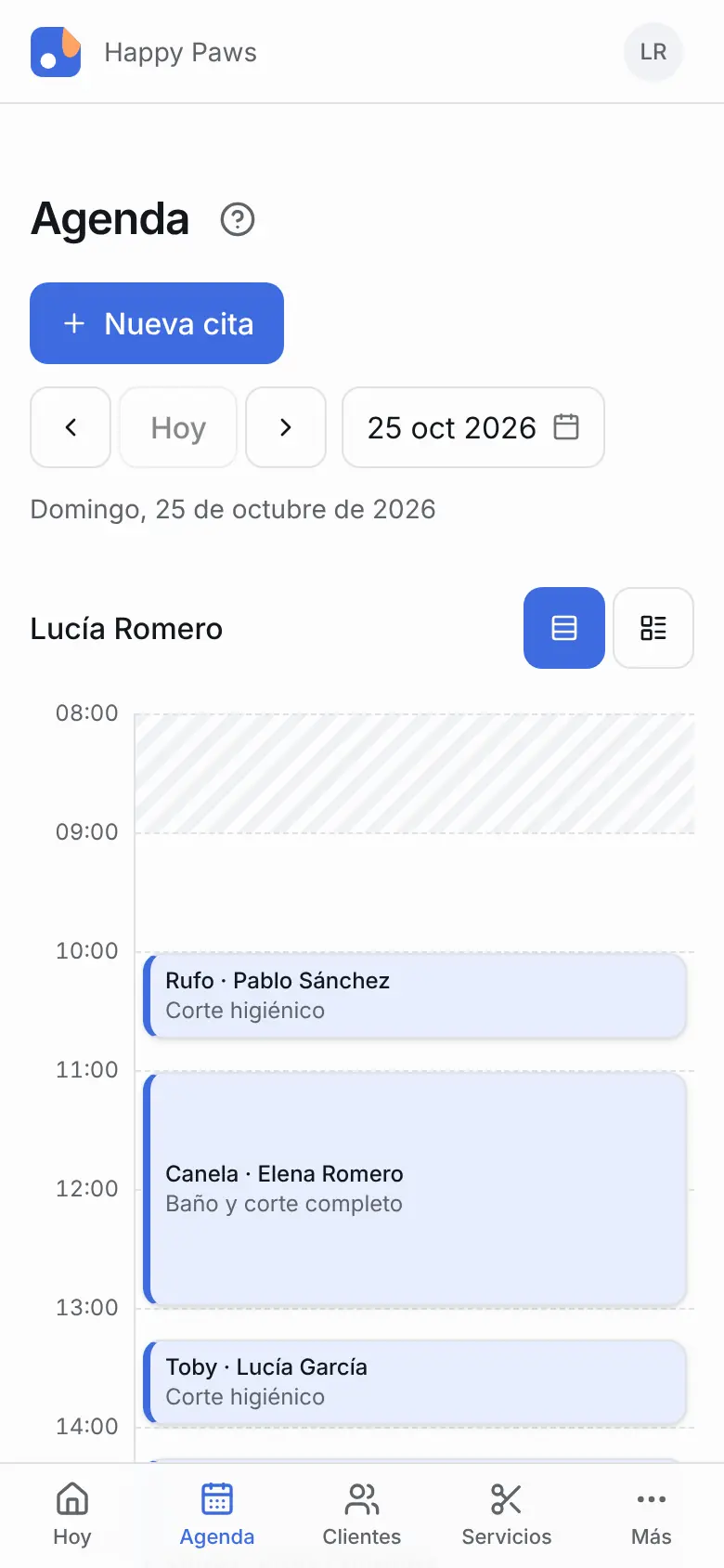 Agenda de PetPoint en el móvil: un día de citas de peluquería