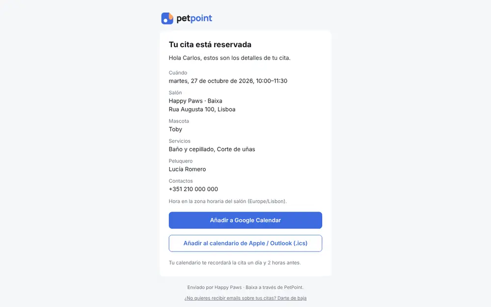 Correo de confirmación con hora de la cita, salón, mascota y servicios
