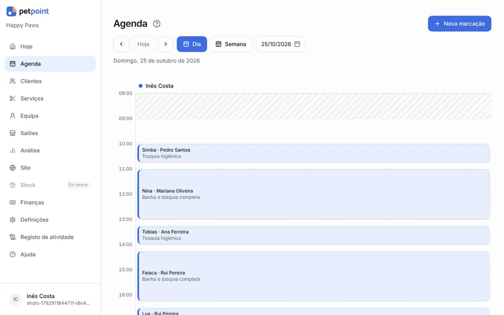 Agenda, vista do dia: marcações de grooming por hora