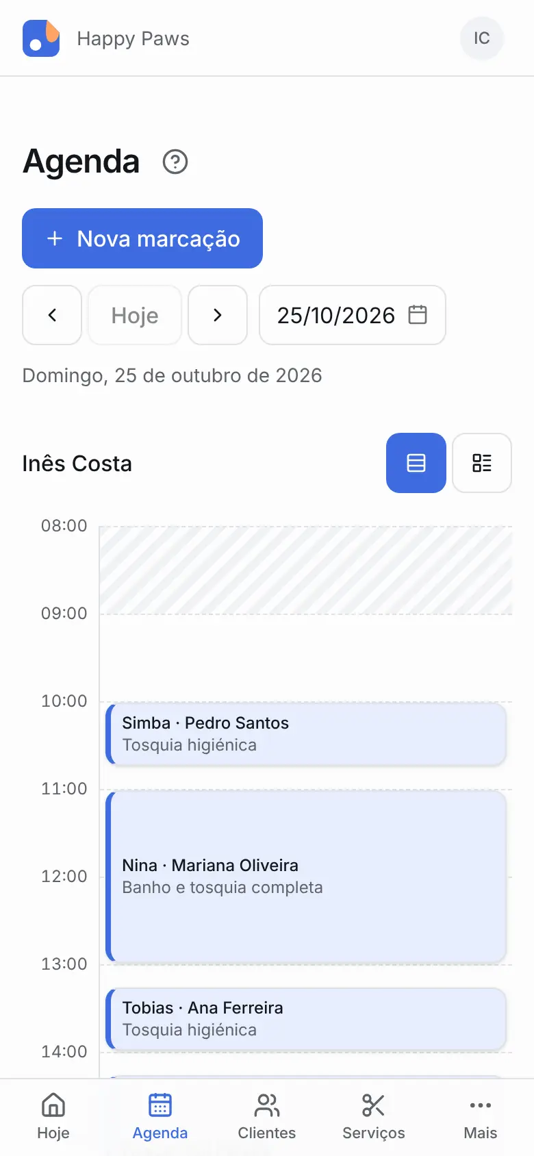 Agenda do PetPoint no telemóvel: um dia de marcações de grooming