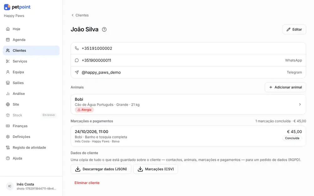 Ficha do cliente: contactos, um golden retriever e uma etiqueta de alergia
