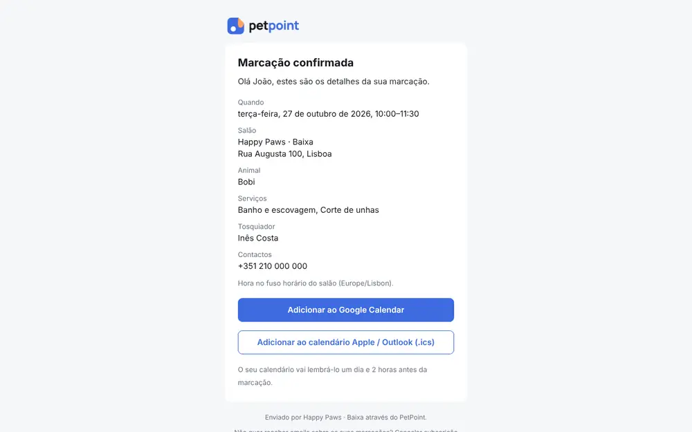 E-mail de confirmação com hora da marcação, salão, animal e serviços
